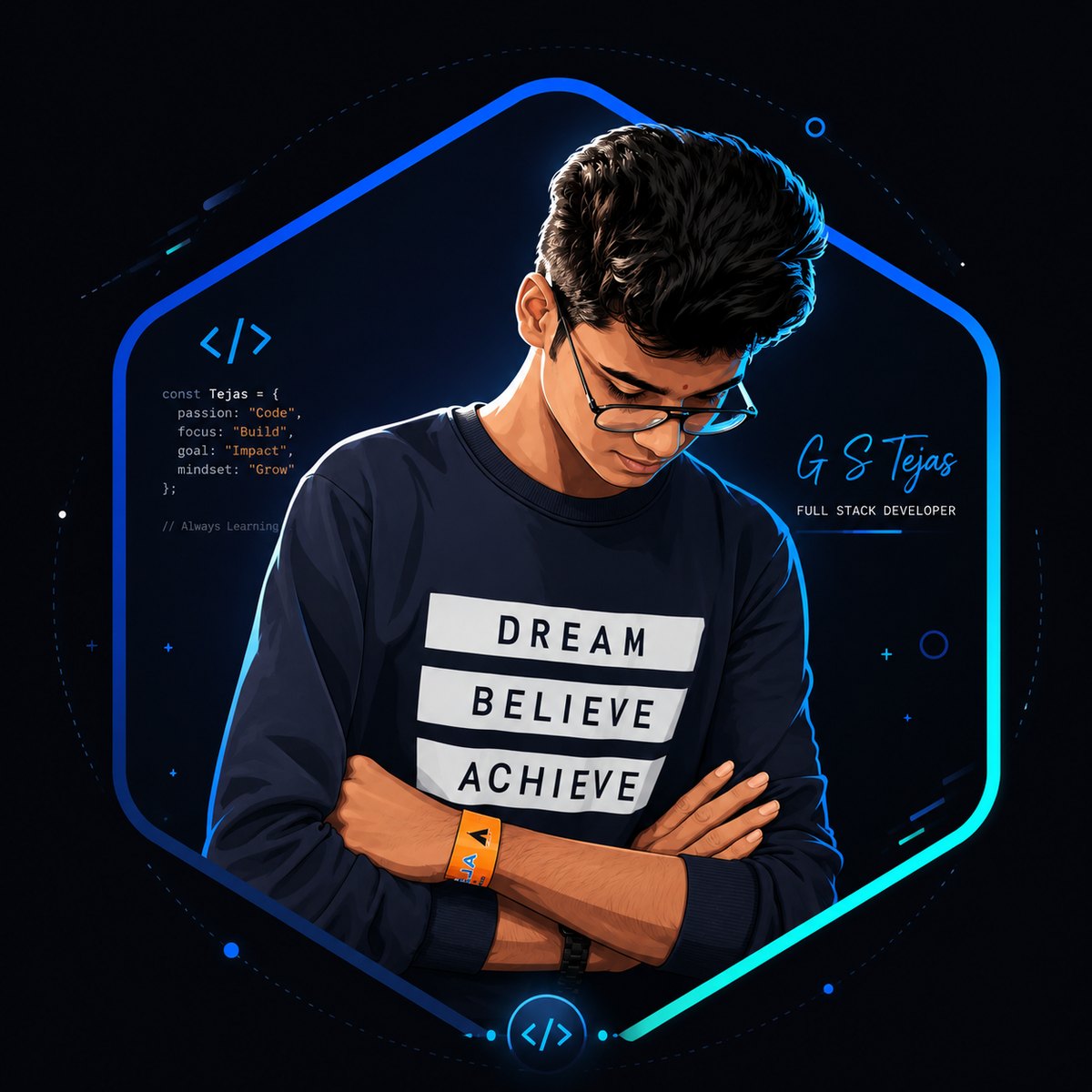 Illustrated portrait of G S Tejas with a code snippet